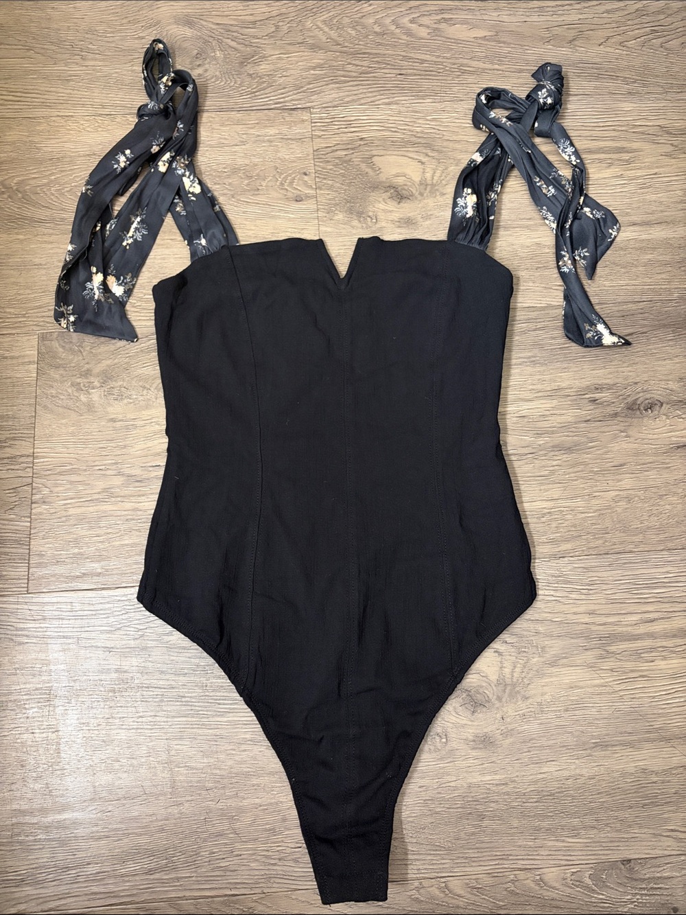 FREE PEOPLE Black One-Piece Bodysuit with Floral Tie Straps